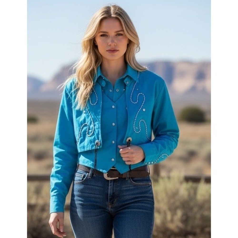 Vtg 1849 Authentic Ranchwear L Western Short Shirt Jacket Blue Long Sleeve Rodeo